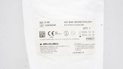 Microaire K-58 Otology Stainless Steel Round Bur, 8 Flutes x 6.3 mm